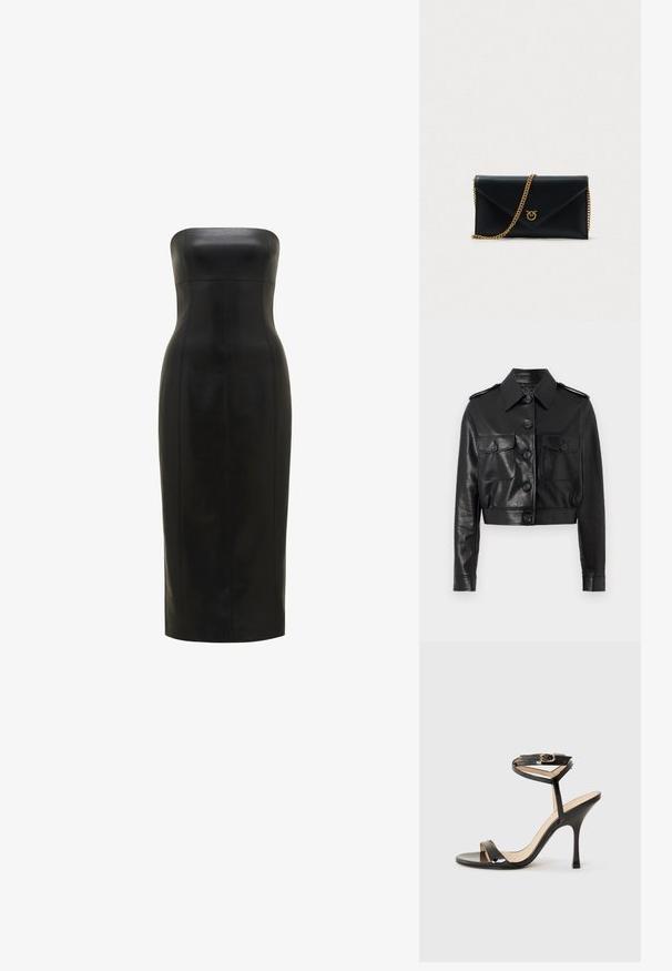 Chaqueta de cuero negra corta con cuello puntiagudo, cierre frontal con botones, dos bolsillos en el pecho y puños con botones. Acabado suave y texturizado.; Vestido de cuero negro, sin tirantes, con una silueta ajustada, de longitud hasta la rodilla, textura suave y costuras verticales para mayor definición.; Sandalia de tacón alto de charol negro con tira delgada en el tobillo y hebilla, punta abierta y tacón aguja esbelto sobre fondo blanco.; Clutch sobre de cuero negro con una cadena dorada y un emblema dorado. Presenta una textura suave y una forma estructurada.