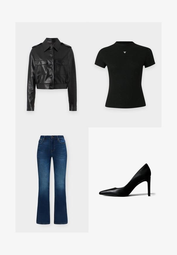 Sort cropped læderjakke med spidse krave, front lukning med knapper, to brystlommer og manchetter med knapper. Dæmpet, struktureret overflade.; Sort kortærmet T-shirt lavet af blødt stof med rund halsudskæring og et lille dekorativt trekantet logo på brystet.; Mørkeblå denimjeans med høj talje, let falmet på lårene, frontknap og lynlåslukning samt en vidde ved benene.; Sort læder damesko med spids tå og høj, slank stilet-hæl på hvid baggrund.