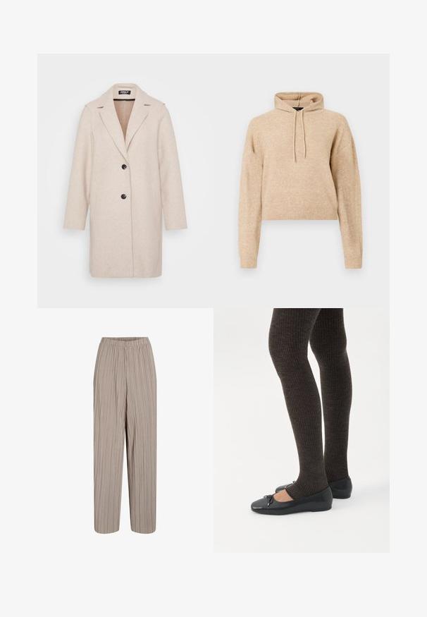Lichtbeige wollen jas met een reverskraag, lange mouwen, twee zijzakken en twee zwarte knopen aan de voorkant. Fijne textuur.; Beige cropped gebreid hoodie met lange mouwen en een capuchon met trekkoord, weergegeven op een witte achtergrond.; Beige broek met wijde pijpen, verticale plooien en een elastische tailleband, geschikt voor casual of formeel gebruik.; Benen met donkere geribbelde leggings gecombineerd met zwarte ballerina's met kleine strikdetails op een witte achtergrond.