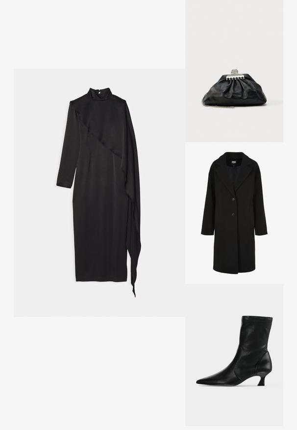 Čierny kabát zo zmesi vlny s klopami s výrezom, jednoradové zapínanie na dva gombíky a bočné vrecká; má rovný strih a hladkú textúru.; Materiel SCARF DRESS - Oblečenie na špeciálnu príležitosť - black; Čierna kožená čižma po stred lýtka s špicatou špičkou a nízkym kitten podpätkom, zobrazená z boku na svetlom jednofarebnom pozadí.; Čierna kožená listová kabelka so záhybovým dizajnom, striebornou sponou a reťazovým remienkom. Jemné značenie vyrazené na prednej strane.