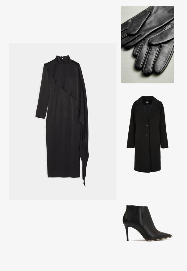 Čierny kabát zo zmesi vlny s klopami s výrezom, jednoradové zapínanie na dva gombíky a bočné vrecká; má rovný strih a hladkú textúru.; Materiel SCARF DRESS - Oblečenie na špeciálnu príležitosť - black; Čierne kožené členkové čižmy s špicatou špičkou, vysokým stiletto podpätkom a zlatým akcentom pozdĺž podrážky. Hladká textúra a elegantný dizajn.; Čierne kožené rukavice s hladkou textúrou, s švami pozdĺž prstov a priliehavým strihom. Mäk Materiál pre pohodlie.