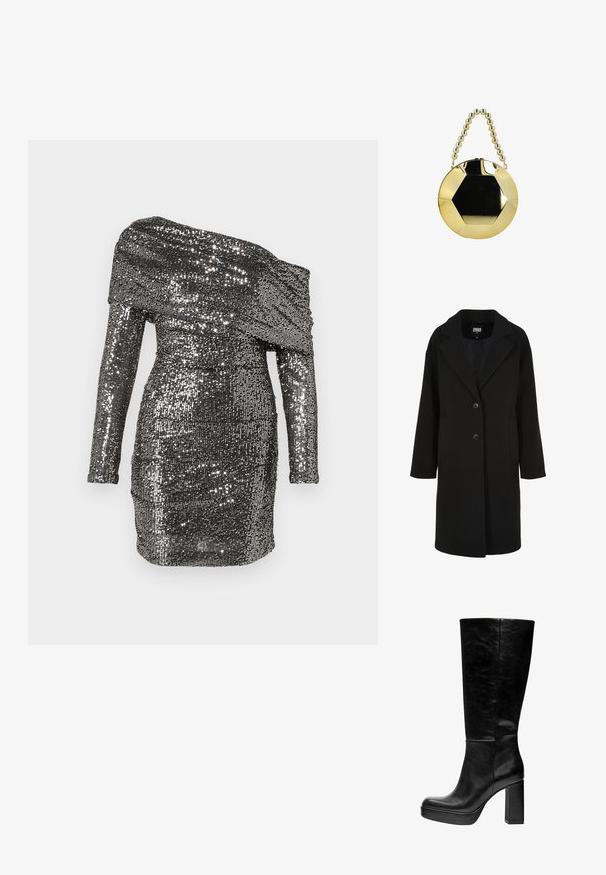 Manteau noir en mélange de laine avec un col à revers cranté, une coupe droite, une fermeture à deux boutons et des poches latérales ; présente une texture lisse.; Robe à sequins avec un décolleté bardot, des manches longues et une silhouette ajustée. Fabriquée en tissu métallique aux tons argentés.; Bottes noires montantes en cuir lisse, à bout carré, avec une épaisse plateforme et un talon bloc imposant. Design minimaliste sans embellissements.; Sac à main rond doré avec un centre noir hexagonal et une anse dorée perlée, présenté sur fond blanc.