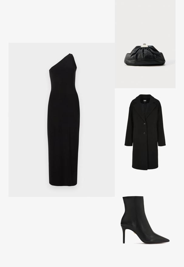 Manteau noir en mélange de laine avec un col à revers cranté, une coupe droite, une fermeture à deux boutons et des poches latérales ; présente une texture lisse.; Robe maxi noire sans manches avec une silhouette ajustée et un décolleté asymétrique à une épaule.; Bottine en cuir noir avec un bout pointu, un talon aiguille haut et une texture lisse. Des coutures courent le long de l'arrière.; Pochette en cuir noir avec une texture plissée, fermeture à fermoir métallique, et logo embossé discret sur le devant. Forme arrondie.