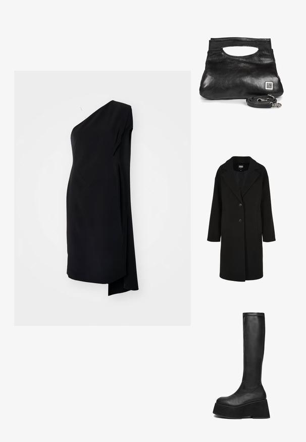 Sort uldblandet frakke med en udskåret krave, enkeltbrettet design, to knapper og sidelommer; har en lige snit med en glat tekstur.; Sort asymmetrisk kjole med én skulder, lavet af glat stof, med en draperet design og en sideslids for ekstra detaljer.; Læderknæhøje sorte støvler med en kraftig platformssål og glat tekstur, rund tå og sømløst design.; Sort læder clutch taske med udskåret håndtag og aftagelig skulderrem, med en lille sølv AS98-logo på forsiden.