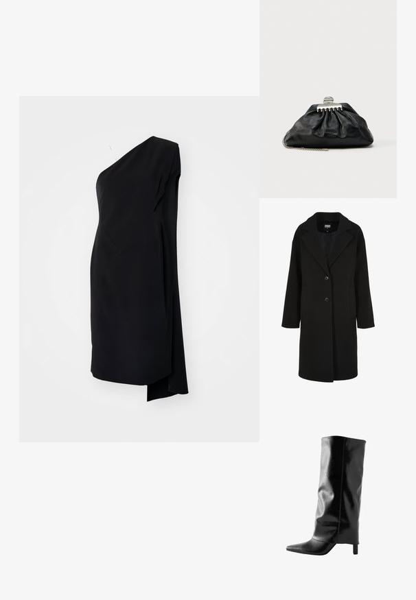 Sort uldblandet frakke med en udskåret krave, enkeltbrettet design, to knapper og sidelommer; har en lige snit med en glat tekstur.; Sort asymmetrisk kjole med én skulder, lavet af glat stof, med en draperet design og en sideslids for ekstra detaljer.; Next FOREVER COMFORT CUFFED - REGULAR FIT - Overknees - black; Sort læderclutch med samlet design, sølv hardware-lås og kæderem. Diskret logo præget foran.
