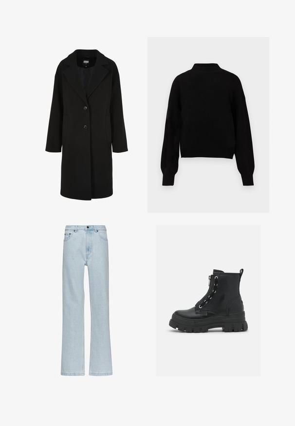 Sort uldblandet frakke med en udskåret krave, enkeltbrettet design, to knapper og sidelommer; har en lige snit med en glat tekstur.; Sort strikket sweater med høj hals, sænkede skuldre og ribbede ærmegab. Blød tekstur og kort design. Ingen synlige mønstre eller metaldele.; Karl Kani SMALL SIGNATURE FIVE POCKET STRAIGHT LEG DENIM - Jeans Relaxed Fit - bleached blue; Sorte ankelstøvler lavet af tekstureret læder med en kraftig gummisål, lynlås lukning og snøre-design med sølvøjer.