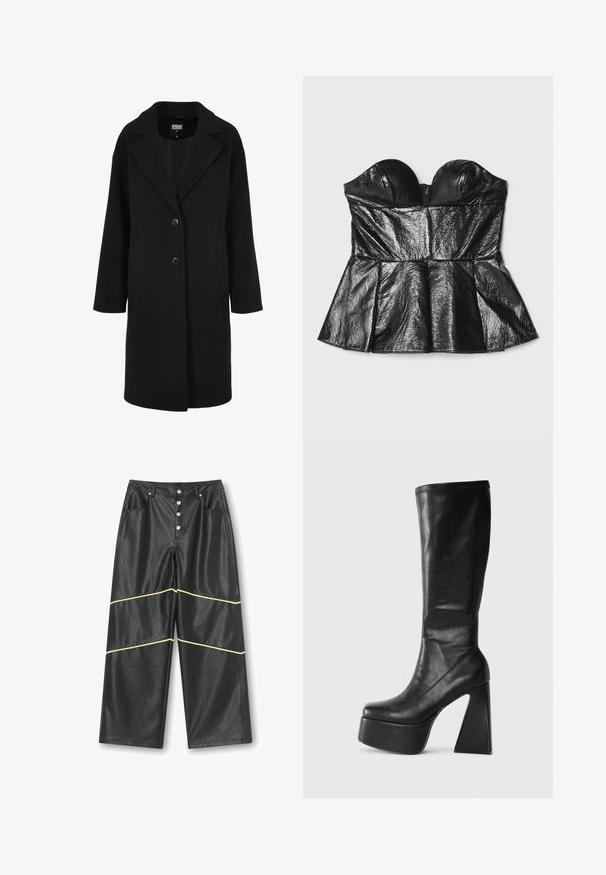 Sort uldblandet frakke med en udskåret krave, enkeltbrettet design, to knapper og sidelommer; har en lige snit med en glat tekstur.; Sara Battaglia SWEETHEART - Top - black; Sorte brede bukser i imiteret læder med sølvknapper og to diagonale beige striber på hvert ben.; Sorte læder knæhøje støvler med en chunky platform og geometrisk høj hæl. Glat tekstur med syede detaljer ved den øverste kant.