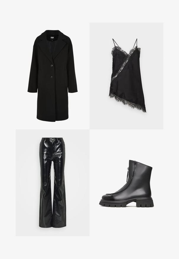 Manteau noir en mélange de laine avec un col à revers cranté, une coupe droite, une fermeture à deux boutons et des poches latérales ; présente une texture lisse.; Robe nuisette noire asymétrique avec bordure en dentelle, panneau en dentelle diagonal et fines bretelles sur fond clair.; Pantalons évasés en simili cuir noir avec une finition brillante, dotés d'une taille haute, de poches avant et de détails en métal argenté.; Bottines noires à bout en vernis, tige texturée, fermeture éclair sur le côté et semelles en caoutchouc épaisses avec un profond relief pour une meilleure adhérence.