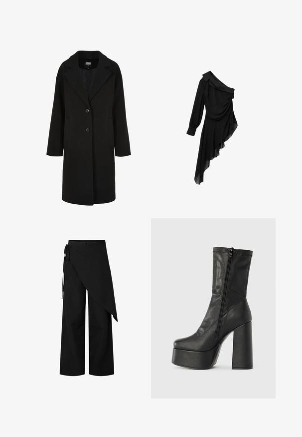 Manteau noir en mélange de laine avec un col à revers cranté, une coupe droite, une fermeture à deux boutons et des poches latérales ; présente une texture lisse.; Robe noire en tissu fluide, avec un design asymétrique à une épaule, un devant drapé, une longue manche et un ourlet inégal.; Pantalon large noir avec un sur-jupe asymétrique nouée à la taille gauche.; Bottine en cuir noir avec un haut talon carré, semelle plateforme et fermeture zippée sur le côté. Texture lisse avec un détail de surpiqûres.