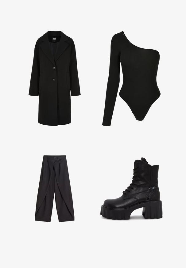 Zwarte mantel van wolmix met een reverskraag, enkelrijg ontwerp, twee knopen en zijkanten zakken; heeft een rechte snit met een gladde textuur.; Zwart een-schouder bodysuit gemaakt van rekbare stof, met een lange mouw aan één kant, hoge beenopeningen en een aansluitende silhouet.; Zwarte broek met wijde pijpen, overlappende voorpanelen en twee knopen aan de tailleband, plat weergegeven op een witte achtergrond.; Zwarte veterschoenen tot de enkel met een stevige platformzool. Gemaakt van glad synthetisch materiaal, met gestikte accenten en een glanzend zijdetail.