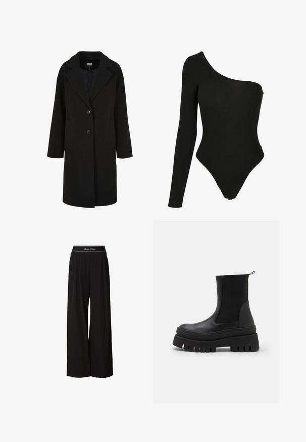 Manteau noir en mélange de laine avec un col à revers cranté, une coupe droite, une fermeture à deux boutons et des poches latérales ; présente une texture lisse.; Bodysuit noir à épaule unique en tissu extensible, doté d'une manche longue d'un côté, d'ouvertures de jambe à taille haute et d'une silhouette ajustée.; Pantalon noir à jambes larges en tissu doux, avec une ceinture contrastante ornée de lettres blanches et des plis à l'avant.; Bottines noires avec un dessus en cuir lisse, des panneaux latéraux élastiques et une semelle en caoutchouc épaisse avec de profondes rainures pour une meilleure adhérence.