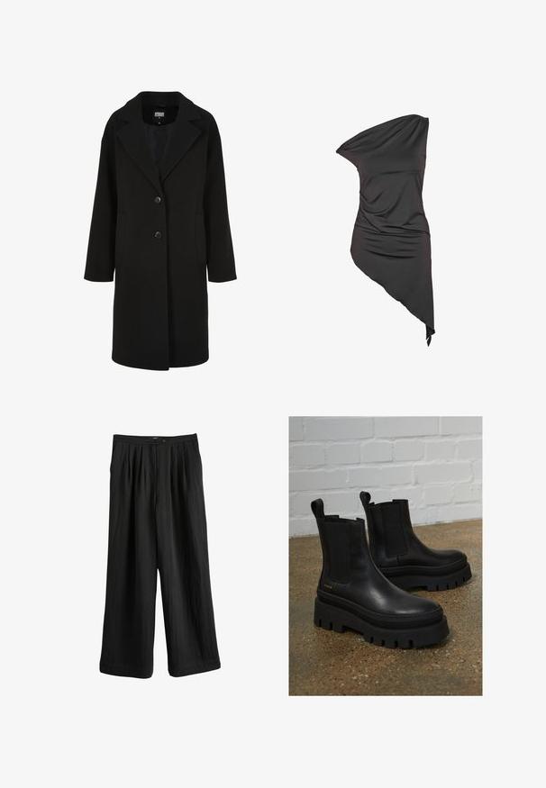 Manteau noir en mélange de laine avec un col à revers cranté, une coupe droite, une fermeture à deux boutons et des poches latérales ; présente une texture lisse.; Robe noire asymétrique à une épaule avec tissu drapé et ourlet irrégulier, plus longue d'un côté.; Pantalon noir à jambes larges en tissu léger, avec un devant plissé, une fermeture par bouton et une texture lisse.; Bottines en cuir noir avec des panneaux élastiques sur les côtés, semelles épaisses en plateforme noire et détails de couture, dotées d'une languette au dos pour un enfilage facile.