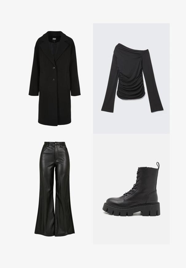 Sort uldblandet frakke med en udskåret krave, enkeltbrettet design, to knapper og sidelommer; har en lige snit med en glat tekstur.; Sort langærmet top med asymmetrisk off-shoulder halsudskæring og rynkede detaljer på siderne og foran.; Sorte læderbukser med flared design og en glat tekstur, der har høj talje, knaplukning og forreste lommer. Bred ben design og poleret finish.; Sort læder ankelstøvle med snørebånd foran, tyk platformsål og løkke til at trække i; glat tekstur og subtil branding på hælen.