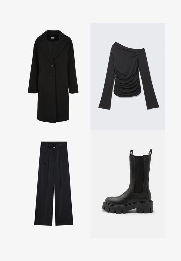 Sort uldblandet frakke med en udskåret krave, enkeltbrettet design, to knapper og sidelommer; har en lige snit med en glat tekstur.; Sort langærmet top med asymmetrisk off-shoulder halsudskæring og rynkede detaljer på siderne og foran.; Sorte breddebenede bukser lavet af glat stof, med en høj talje og detaljer med bælte og løkker samt markante plissee foran.; Sorte læder ankelstøvler med elastiske sidedele, trækremme, kraftig sål med mønster og forstærkede syninger. Overfladen har en glat struktur.