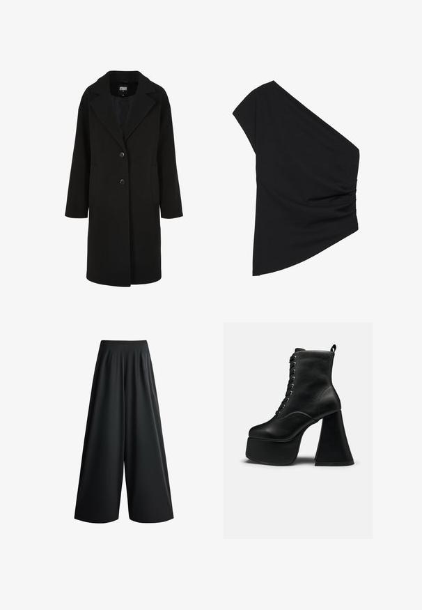 Sort uldblandet frakke med en udskåret krave, enkeltbrettet design, to knapper og sidelommer; har en lige snit med en glat tekstur.; Sort top med én skulder lavet af strækbart stof, med en detaljeret ruched side og en asymmetrisk kant. Glat tekstur med let fald.; Sorte bukser med vide ben, høj talje og flydende stof, vist på en hvid baggrund.; Sort ankellang støvle med platform, snøring foran og bred blokhæl, glat lædertekstur og trække-flig bagpå.
