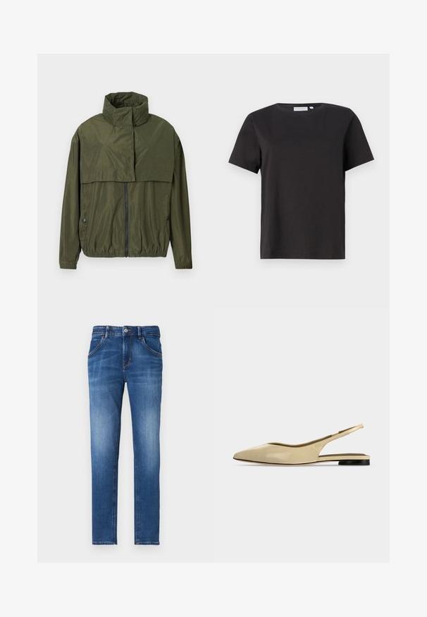Olijf groene windjack met hoge kraag, ritssluiting aan de voorkant, elastische manchetten en taille, met een gelaagd ontwerp en een gladde textuur.; Zwarte katoenen t-shirt met korte mouwen, een ronde halslijn en een eenvoudig, strak ontwerp. Geen zichtbare patronen of versieringen.; Slim-fit blauwe denim jeans met een vervaagde afwerking, vijf zakken, een knoopsluiting aan de voorkant en contrasterende stikseldetails.; Beige platte slingback schoen met puntige neus, lage zwarte hak en een glad leren afwerking, zijaanzicht op een effen achtergrond.