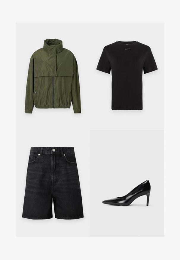 Olijf groene windjack met hoge kraag, ritssluiting aan de voorkant, elastische manchetten en taille, met een gelaagd ontwerp en een gladde textuur.; Zwarte katoenen t-shirt met korte mouwen, ronde hals en klein wit "Calvin Klein" logo op de borst. Gladde textuur, klassieke pasvorm.; Zwarte denim short met een hoge taille, voorzakken en een zilveren knoopsluting. Gladde textuur met subtiele vervagingsdetails.; Zwarte leren hoge hak met een spitse neus, een gladde textuur en een tapse hak. Minimalistisch ontwerp, geen extra versieringen.