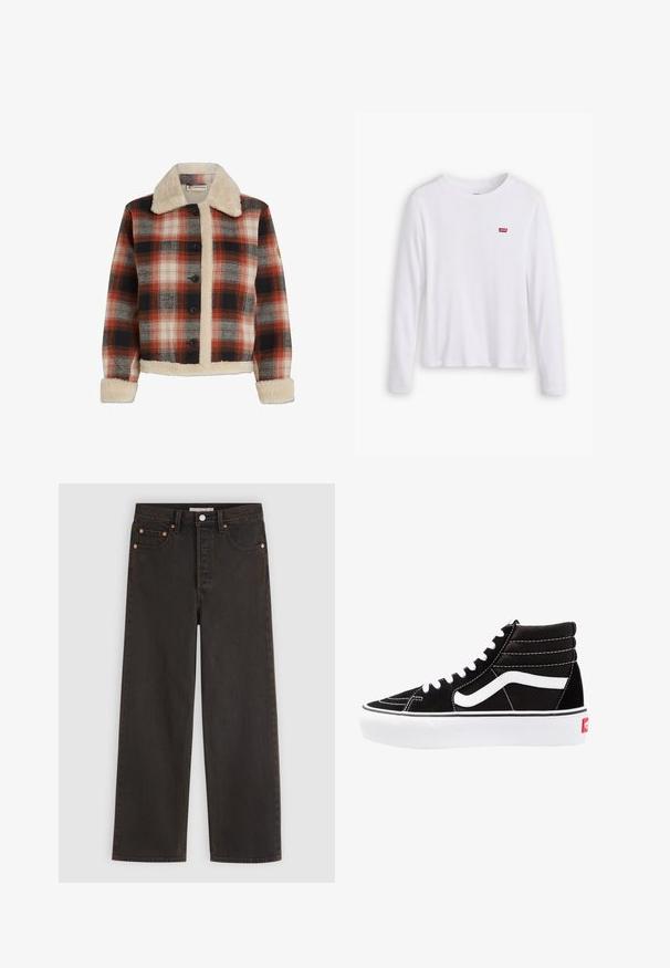 Veste à carreaux rouge, noir et beige, présentant un col et une doublure en shearling, une fermeture à boutons et des manches longues avec des poignets en shearling.; Chemise blanche à manches longues en coton doux. Présente un petit logo rouge Levi's sur la poitrine gauche. Design classique à col rond.; Jean denim noir coupe droite avec cinq poches et rivets en cuivre, présenté à plat sur un fond gris clair.; Baskets montantes noires avec des lacets blancs, un logo blanc et des coutures blanches contrastées. Dotées d'une épaisse semelle blanche et d'un dessus en daim texturé.