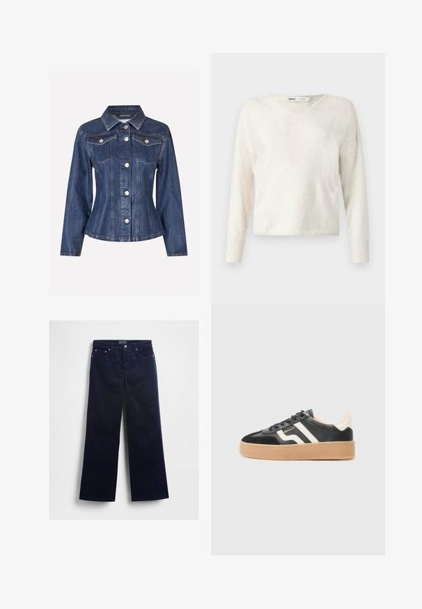 Envii EVELYN - Farkkutakki - waxed denim; V-kauluksen kermavärinen neuletakki, joka on valmistettu pehmeästä materiaalista. Siinä on pitkät hihat ja ribbausrannekkeet, ja se on hieman lyhyempi ja löysästi istuva.; Laivastonsiniset samettihousut, leveälahkeisella mallilla, joissa on viisi taskua ja hopeanväriset metalliosat. Sileä pinta ja hillityt pystysuorat uurteet.; Mustat nahkasneakerit valkoisilla raidoilla ja kumipohjalla. Ominaisuuksiin kuuluu pyöreä kärki ja nauhakiinnitys, sekä teksturoitu päällinen. Brändäys esillä.