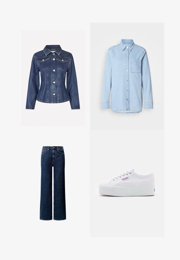 Envii EVELYN - Jeansjacke - waxed denim; Himmelblaues Denim-Hemd mit Knopfverschluss, spitzem Kragen, einer Brusttasche und langen Ärmeln mit knöpfbaren Manschetten.; Dunkelblaue Jeans mit weitem Bein, fünf Taschen, Gürtelschlaufen und vorne mit Knopf- und Reißverschluss.; Weiße Leinenschuhe mit einer dicken weißen Plattformsohle, runder Zehenpartie und Metallösen für die Schnürsenkel. Markenlogo an der Seite angebracht.
