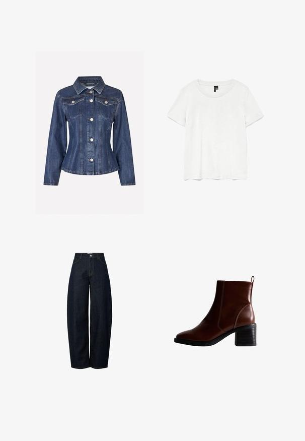 Envii EVELYN - Jeansjacke - waxed denim; Weißes T-Shirt mit kurzen Ärmeln und rundem Ausschnitt, hergestellt aus leichtem Stoff. Schlichtes Design, glatte Textur und gerader Saum.; Hellebänder dunkelblaue Jeans mit weitem Bein und hoher Taille, versehen mit kontrastierendem orangefarbenem Nähen und einem Knopfverschluss auf der Vorderseite.; Braune Leder-Ankle-Boots mit quadratförmiger Spitze und seitlicher Naht, einem 7,5 cm hohen Blockabsatz und einem Ziehhilfen an der Rückseite für einfaches An- und Ausziehen.