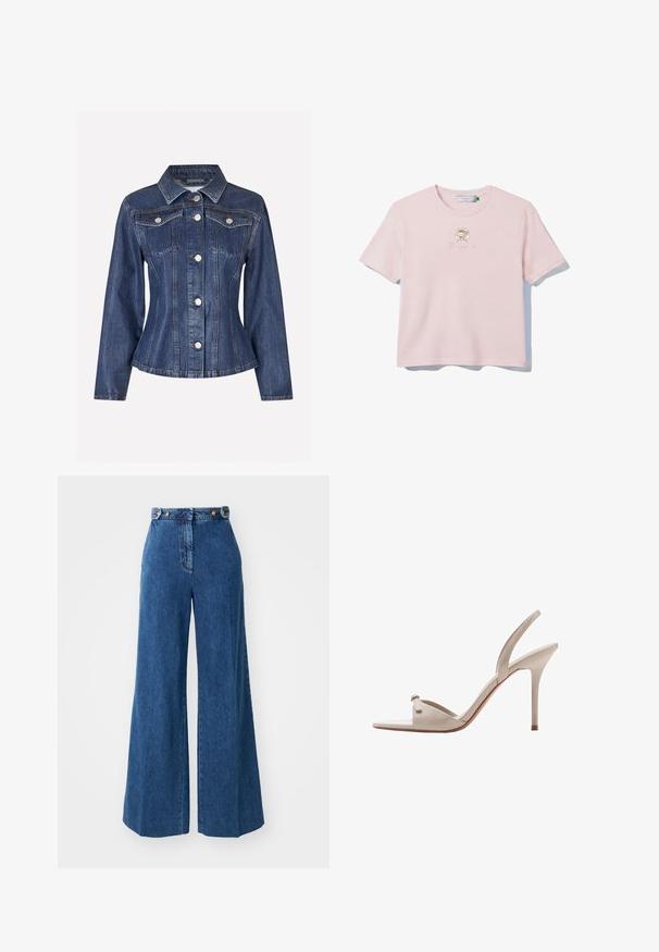 Envii EVELYN - Farkkutakki - waxed denim; Vaaleanpunainen lyhythihainen crop-top, jossa on pieni piirros teemukista ja yliviivatuista kukista rintakehän keskiosassa.; Leveled-genser i mørkeblå denim med høy midje, med gullknappdetaljer og broderte detaljer langs lommene og sømmene.; Beige korkokenkä, jossa ohut korko, avoin kärki ja kapea remmi jalan yli ja nilkan ympäri.