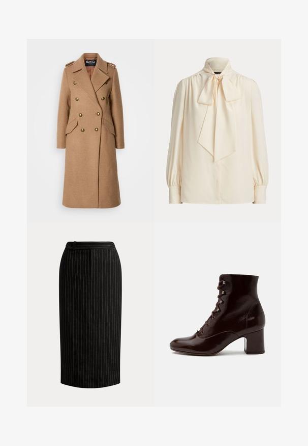 Long manteau croisé en laine mélangée marron clair, doté de boutons dorés, de revers crantés et de poches latérales. Texture lisse.; Blouse crème à manches longues avec un col montant et un grand nœud noué au cou, avec des épaules froncées et des manches à poignets.; Jupe crayon noire longueur genou avec fines rayures verticales blanches et détail de ceinture boutonnée.; Bottine marron foncé à forte brillance avec laçage devant, œillets métalliques et talon bloc sur fond blanc.