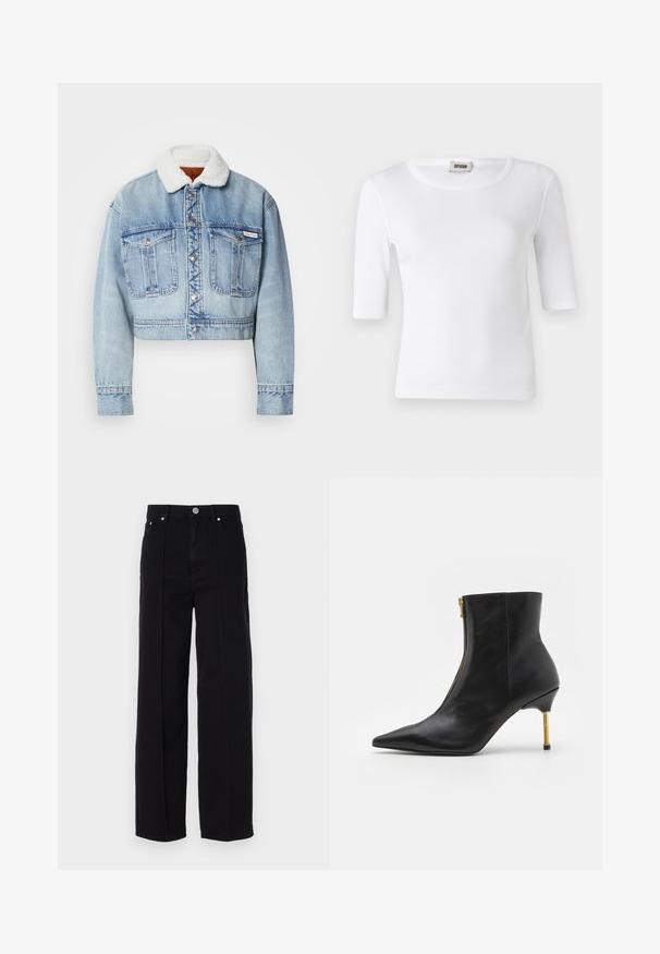 Afskåret denimjakke i lyseblå, med en hvid, fluffy krave, sølvknapper og to frontlommer med synlige syningsdetaljer.; Hvid ribbet T-shirt med rund halsudskæring og ærmer til albuerne. Fremstillet af blødt stof med en glat overflade. Etiketten er synlig ved halsudskæringen.; Sorte denim bredde ben bukser med høj talje, der har fem lommer, metal knaplukning og lige søm detaljer langs siderne.; AllSaints NATASHA - Støvletter - black