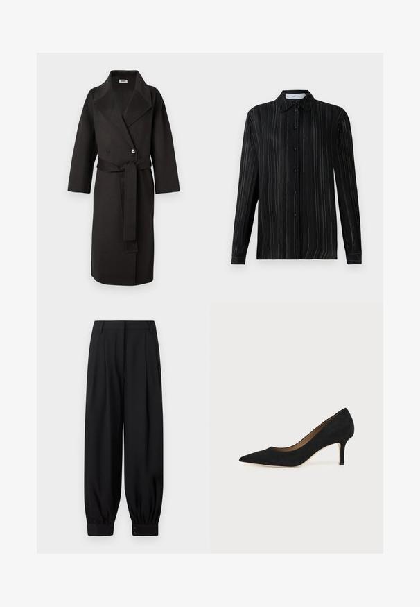 Manteau noir en tissu texturé, présentant un devant croisé, un large col et une ceinture assortie à la taille.; Chemise noire à manches longues avec des fines rayures verticales blanches et un col classique, présentée sur un fond blanc uni.; Pantalon noir fuselé avec plis, poignets élastiqués avec deux boutons chacun, et passants de ceinture à la taille.; Escarpin en daim noir à bout pointu avec un talon stiletto fin de hauteur moyenne et un design à coupe basse sur un fond uni.