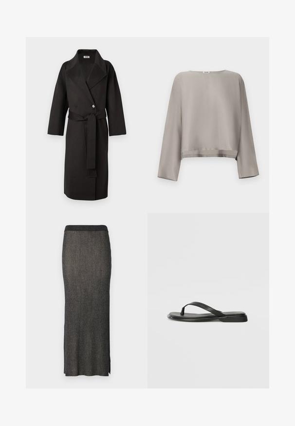 Manteau noir en tissu texturé, présentant un devant croisé, un large col et une ceinture assortie à la taille.; Haut gris clair à manches longues raccourcies en tissu lisse. Dispose d'un col rond et d'un détail discret à l'ourlet.; Jupe midi en tricot gris foncé avec des côtes verticales, une silhouette ajustée et des fentes à l'ourlet pour plus de liberté de mouvement. Tissu doux et texturé.; Tongs noires en cuir lisse, avec un design de sangle fine et une semelle plate à profil minimal. Aucun motif ou accent notables.