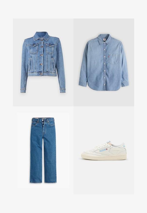 Lyseblå denimjakke med knap-front, to brystlommer og lige skærm. Den har synlig syning og en klassisk krave.; Lyseblå denimskjorte med button-down-krave, forlompe og lange ærmer. Har en buet kant og en subtil tekstur.; Blå denim lige ben jeans med høj talje, fem lomme design og knaplukning. Markante syninger og kobberfarvede nitter.; Reebok sneakers i off-white læder med lyseblå detaljer. Har perforeret tå, flade snørebånd og tekstureret gummisål.