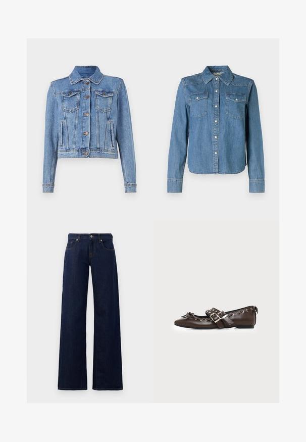 Hele helesinine teksajakk nööpidega ees, kahe rinnatasku ja sirgete varrukatega; sisaldab nähtavat õmblust ja klassikalist kraed.; Denim-särk on helesinise varjundiga, klassikalise kraega ning kahe rinnataskuga. Sellel on press-nupud ja pikad varrukad, millel on nupuga mansetid.; Laiad säärtega teksapüksid tumesinisest denimist, standardne viie taskuga disain, vaskne õmblus ning nööpkinnitus vöökoha juures.; Tumepruun nahast tasapinnaline king terava ninaosaga, topelt hõbedaste pandlatega rihmade, metallist silmade ja esiküljel dekoratiivse lipsuga.