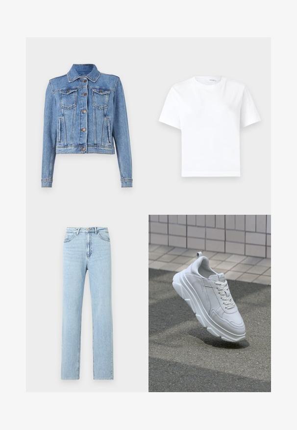 Lyseblå denimjakke med knap-front, to brystlommer og lige skærm. Den har synlig syning og en klassisk krave.; Hvid kortærmet bomuld t-shirt med rund halsudskæring og lige kant, vist på en hvid baggrund.; Lyseblå denimjeans med lige ben, forlommer, bæltestropper samt knap- og lynlåslukning.; Hvide lædersneakers med en tyk, tekstureret gummisål, der har snørebåndslukning og syninger. Rund tå og design med ankelstøtte.