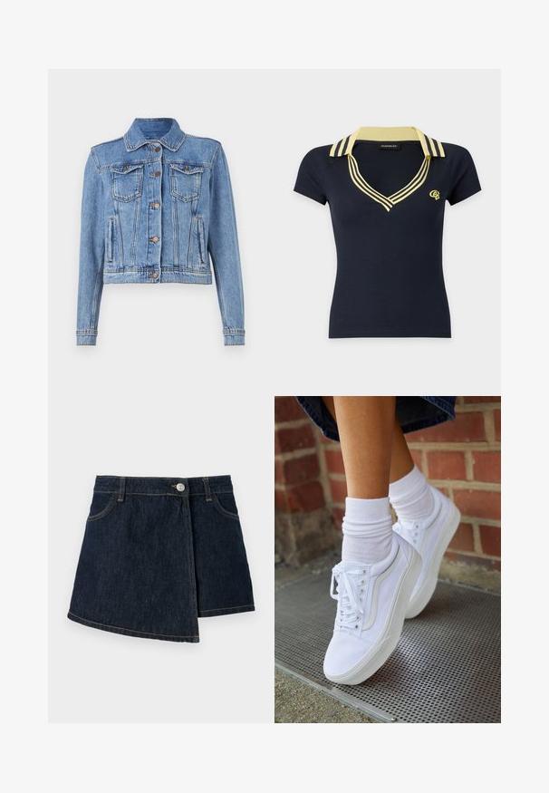 Lyseblå denimjakke med knap-front, to brystlommer og lige skærm. Den har synlig syning og en klassisk krave.; Marineblå kortærmet polo-shirt med gulstribet krave og halsudskæring, med lille gult logo på venstre bryst.; Jeansskørt med en mørk vask, A-formet design, frontlukning med knapper og subtile syninger. Har en sidelukning.; Hvide lærreds sneakers med gummisåler, der har seks snørehuller, rund tå og let sømdetaljer, krydret med hvide ankelstrømper.