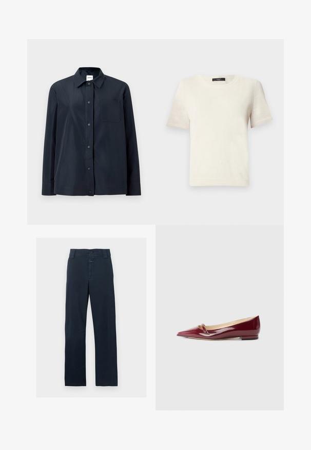Chemise noire à manches longues avec boutons-pression sur le devant, une poche poitrine unique et un col pointu, présentée sur un fond clair uni.; Pull en maille crème à manches courtes avec encolure ronde et finitions côtelées, présenté sur un fond clair uni.; Pantalon bleu marine à jambes droites avec passants pour ceinture, bouton devant, fermeture éclair et deux poches latérales sur fond blanc.; Ballerines en cuir verni bordeaux avec un bout pointu, présentant un petit détail découpé et un petit talon. Texture lisse et design épuré.