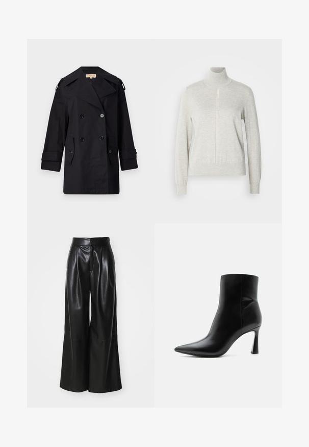 Manteau trench noir à double boutonnage avec un large col, des boutons et des poches latérales. Fabriqué en tissu lisse avec une coupe droite et des manches retroussées.; Pull léger gris avec un col haut et une fermeture éclair quart. Fabriqué à partir d'un matériau doux et texturé, il présente des manches longues et un ourlet ajusté.; Pantalons large en faux cuir noir, taille haute, avec un devant plissé et une texture lisse. Caractéristiques d'un design épuré et minimaliste.; Bottine en cuir noir avec bout pointu et talon aiguille fin et haut, vue de profil sur fond blanc.