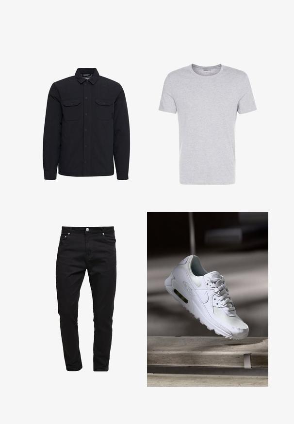 Veste matelassée noire avec une fermeture boutonnée à l'avant, deux poches poitrine et un col rabattu. Fabriquée dans un tissu lisse et durable.; T-shirt en coton gris avec un col rond, des manches courtes et un design sobre, offrant une texture douce et lisse sans motifs ni embellissements visibles.; Jean noir en tissu denim, design slim fit, style à cinq poches, fermeture à bouton métallique, avec des détails de couture et une texture lisse.; Sneaker Nike Air Max 90 blanche avec une tige en mesh et cuir, une boîte à orteils perforée et une unité air visible au talon.