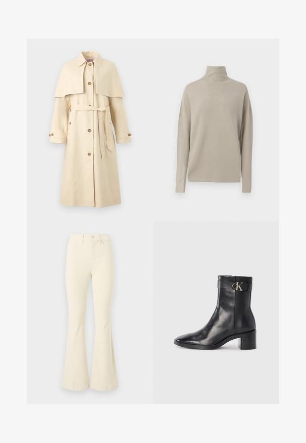 Beige trench coat yang terbuat dari kain halus, dilengkapi dengan overlay jubah, sabuk, dan penutupan kancing. Desainnya mencakup kancing besar dan kerah klasik.; Vaaleanbeige poolopaita, joka on valmistettu pehmeästä neulomateriaalista, omaa rentoan istuvuuden, pitkät hihat ja korkean kauluksen. Ei näkyviä kuvioita.; Kermakurvinen farkut, jotka on valmistettu puuvillasta, korkea vyötärö, napitus ja siistit linjat ilman näkyviä kuvioita tai yksityiskohtia.; Musta nahkainen nilkkuri, jossa on teräväkärkinen muoto, lohkare korko ja hihna, jossa on metallinen logoteema. Sujuva pinta ja minimalistiinen muotoilu.
