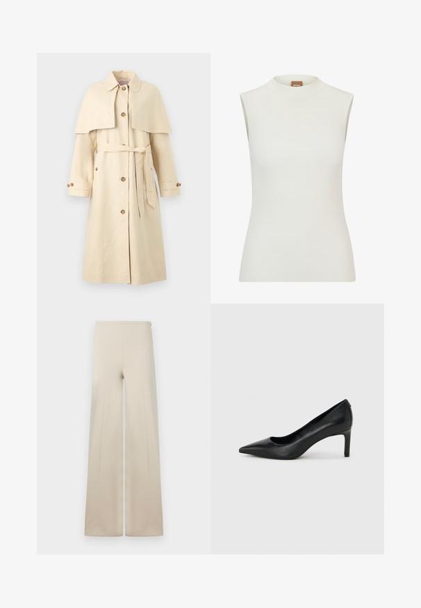 Beige trench coat yang terbuat dari kain halus, dilengkapi dengan overlay jubah, sabuk, dan penutupan kancing. Desainnya mencakup kancing besar dan kerah klasik.; Valkoinen, ilman hihoja oleva toppi, jossa on korkea kaula-aukko, ribbikuviointi ja tiukka malli. Brändilogo "BOSS" näkyvissä kauluksessa.; Vaaleanbeiget leveät housut, jotka on valmistettu pehmeästä kankaasta, jossa on sileä pinta. Varustettu korkealla elastisella vyötärönauhakkeella mukavuutta varten ja puhtaalla, minimalistisella muotoilulla.; Musta nahkainen, teräväkärkinen korkokenkä, jossa on ohut, keskipitkä korko, yksinkertaisella vaaleanharmaalla taustalla.
