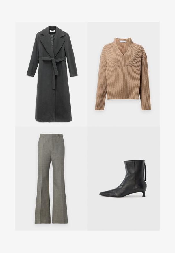 Mørkegrå uldfrakke med en flænset krave, lange ærmer og en bælte i taljen. Har en lige snit og glat tekstur.; Beige ribstrikket sweater med dyb V-udskæring, lange ærmer og en struktureret panel ved brystet. Korte længde med en afslappet pasform.; Grå flagrende bukser lavet af tekstureret stof, med en skræddersyet pasform, subtilt ternet mønster og forskydninger foran for et raffineret udseende.; Sort læderankelstøvle med spids tå, struktureret form og lav hæl. Har en sidesyning og minimalistisk design.