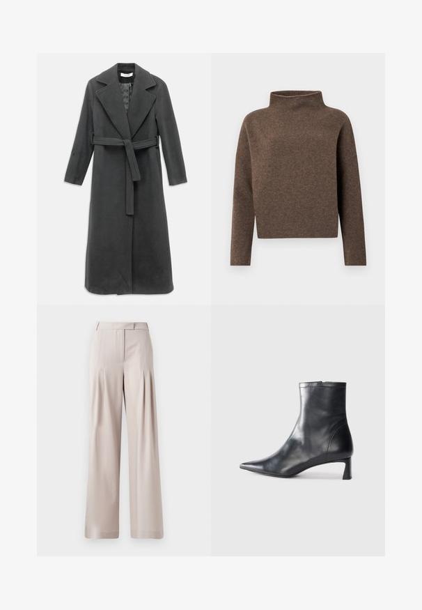 Manteau en laine gris foncé avec un col cranté, des manches longues et une taille ceinturée. Présente une coupe droite et une texture lisse.; Pull marron court avec un col haut à revers, des manches longues et un tissu doux et texturé. Design minimaliste sans matériel visible.; Pantalons larges beiges avec une texture lisse, un design plissé à l'avant et une taille ajustée. Convient pour une tenue formelle ou décontractée.; Bottine en cuir noir avec un bout pointu et un design épuré. Présente un petit talon et une fermeture éclair à l'arrière. Texture lisse.