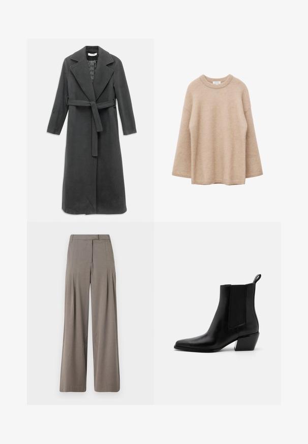 Manteau en laine gris foncé avec un col cranté, des manches longues et une taille ceinturée. Présente une coupe droite et une texture lisse.; Pull beige à manches longues avec col rond, texture douce et duveteuse, coupe décontractée, présenté sur un fond blanc.; Pantalons à jambe large en tissu marron clair, dotés de plis, d'un devant plat et d'un ourlet net. Texture lisse avec un léger éclat.; Bottines en cuir noir avec un bout pointu, des panneaux élastiques sur les côtés et un petit talon carré. Elles disposent d'une languette au talon pour un enfilage facile.