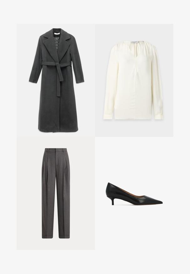 Manteau en laine gris foncé avec un col cranté, des manches longues et une taille ceinturée. Présente une coupe droite et une texture lisse.; Blouse à manches longues de couleur crème avec col en V et plis discrets près de l'encolure, présentée sur un fond uni.; Pantalon sur mesure gris foncé taille haute avec plis à l'avant, passants de ceinture, poches latérales et jambes larges et droites.; Escarpins en cuir noir à petit talon kitten, bout pointu, texture lisse et talon modeste. Design simple sans ornements.