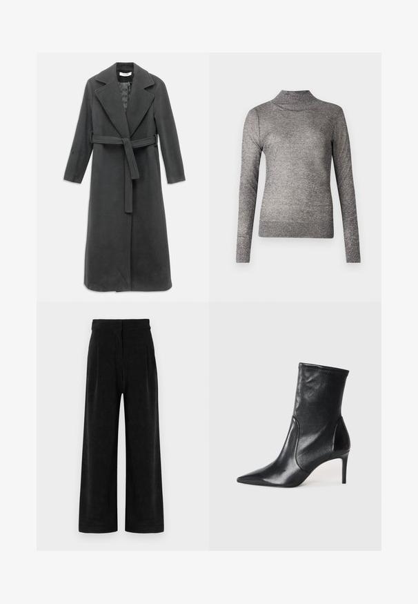 Mørkegrå uldfrakke med en flænset krave, lange ærmer og en bælte i taljen. Har en lige snit og glat tekstur.; Grå turtleneck sweater med lange ærmer, lavet af et glitrende strikket stof. Har et tætsiddende design og en ribbet krave.; Sorte viddebukser lavet af tekstureret kordsfløjl, med høj talje og diskrete folder, designet til en afslappet pasform.; Sorte ankelstøvler lavet af glat læder, med spids tå, tætsiddende skaft og en slank høj hæl. Minimalistisk design uden synligt hardware.