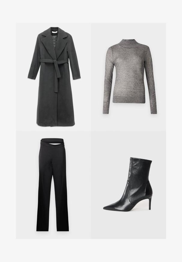 Mørkegrå uldfrakke med en flænset krave, lange ærmer og en bælte i taljen. Har en lige snit og glat tekstur.; Grå turtleneck sweater med lange ærmer, lavet af et glitrende strikket stof. Har et tætsiddende design og en ribbet krave.; Sort vidde bukser med høj talje og asymmetrisk V-formet taljebånd på en lys baggrund.; Sorte ankelstøvler lavet af glat læder, med spids tå, tætsiddende skaft og en slank høj hæl. Minimalistisk design uden synligt hardware.