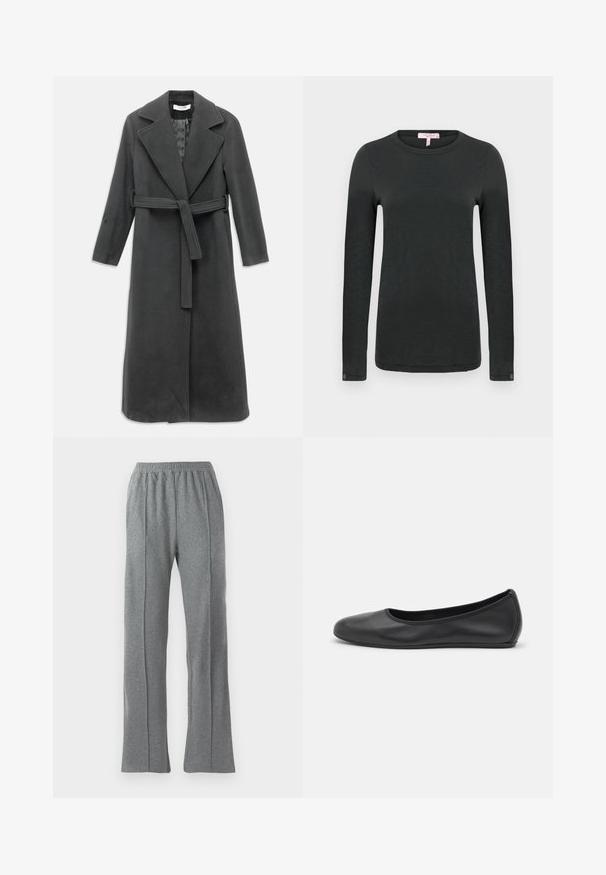 Mørkegrå uldfrakke med en flænset krave, lange ærmer og en bælte i taljen. Har en lige snit og glat tekstur.; rag & bone THE SLUB - Langærmet T-shirt - black; Grå sweatpants med elastisk talje, der har lige ben og subtile side søm detaljer. Lavet af blødt, tekstureret stof.; Sort læderballetsko med rund tå, glat tekstur, minimal syning og et fleksibelt såldesign.
