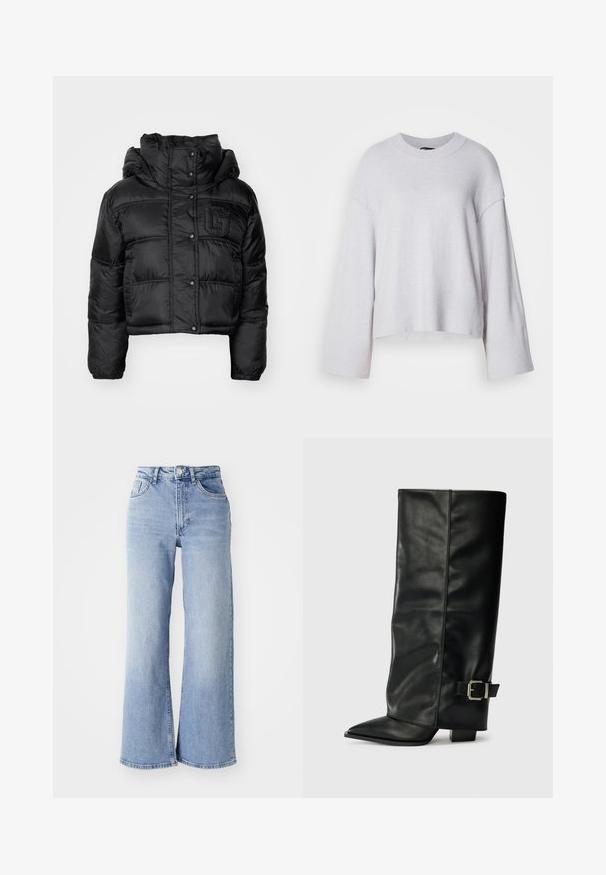 Veste courte rembourrée noire avec un col haut, des boutons-pression et un logo brodé sur la poitrine. Dispose de poignets froncés et d'un design matelassé.; Pull gris clair en tricot doux, avec un col rond, des manches larges et une taille courte. Design simple sans motifs.; Jean à taille haute, large et bleu clair, avec poches avant et arrière, fermeture à bouton et nuances subtiles d'usure sur les cuisses et les ourlets.; Bottes noires en cuir longueur cheville avec un bout pointu, texture lisse et une accent en boucle argentée sur le côté. Talon carré épais.