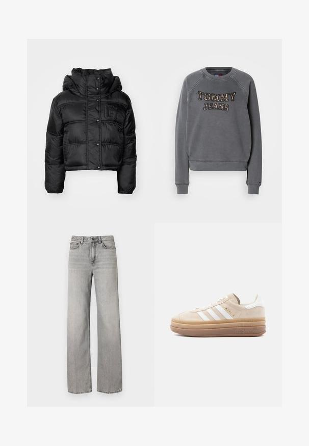 Chaqueta acolchada recortada negra con cuello alto, botones a presión y logotipo bordado en el pecho. Presenta puños fruncidos y un diseño acolchado.; Sudadera gris con cuello redondo, mangas raglán y "TOMMY JEANS" bordado en un diseño de estampado de leopardo. Material suave con puños acanalados.; Jeans de tiro ancho de mezclilla gris con un lavado intermedio, que presentan un cierre con botones, cinco bolsillos y un detalle de costura estándar.; Zapatilla de ante beige con detalles en cuero blanco, que cuenta con tres franjas blancas, un logo dorado y una suela gruesa de goma translúcida.