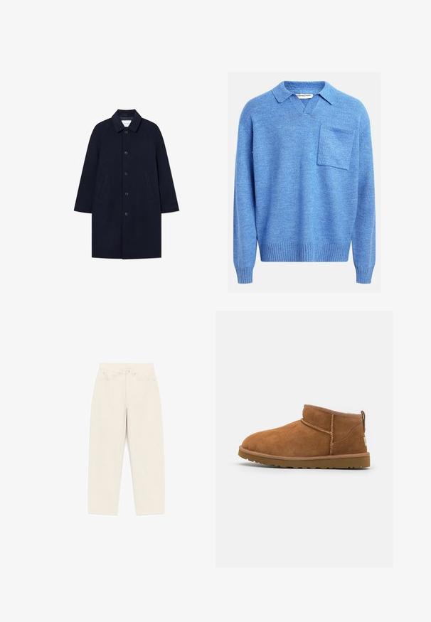 Manteau en laine bleu marine avec col, manches raglan, fermeture à boutons sur le devant et deux poches latérales. Design simple, texture lisse et sans motifs supplémentaires.; Pull en maille bleu clair avec manches longues, poignets et ourlet côtelés, col, encolure en V et une poche poitrine unique sur le côté gauche.; Pantalon beige taille haute à jambes droites avec fermeture avant à boutons, passants de ceinture, deux poches avant et deux poches arrière.; Bottine en suède beige avec un bout rond, des détails de couture subtils et une semelle en caoutchouc texturée. Hauteur courte sans lacets.
