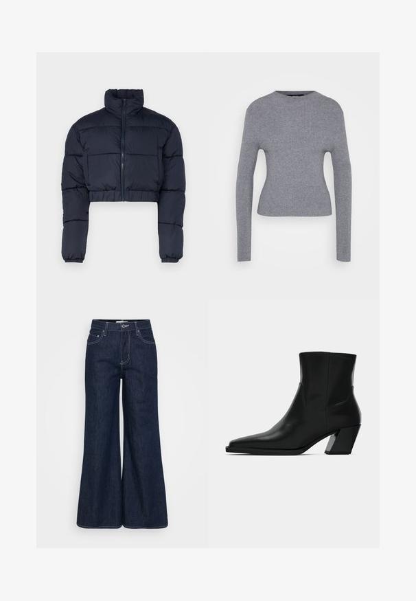 Μπλε ναυτικό cropped puffer μπουφάν με ψηλό γιακά, φερμουάρ και ελαστικές μανσέτες. Διαθέτει ραμμένα πάνελ για μόνωση.; Γκρι ριγωτός πουλόβερ μακρύ μανίκι με στρογγυλή λαιμόκοψη και εφαρμοστή σιλουέτα, τοποθετημένο σε λευκό φόντο.; Σκούρο τζιν παντελόνι με φαρδιά γραμμή και ψηλή μέση, διαθέτει μπροστινές τσέπες, αντίθετη ραφή και καθαρές άκρες.; Μαύρη δερμάτινη μπότες έως τον αστράγαλο με κοφτή μύτη, κομψή σιλουέτα και χοντρό τετράγωνο τακούνι. Λείος υφασμάτινος χαρακτήρας με ελάχιστες ραφές.